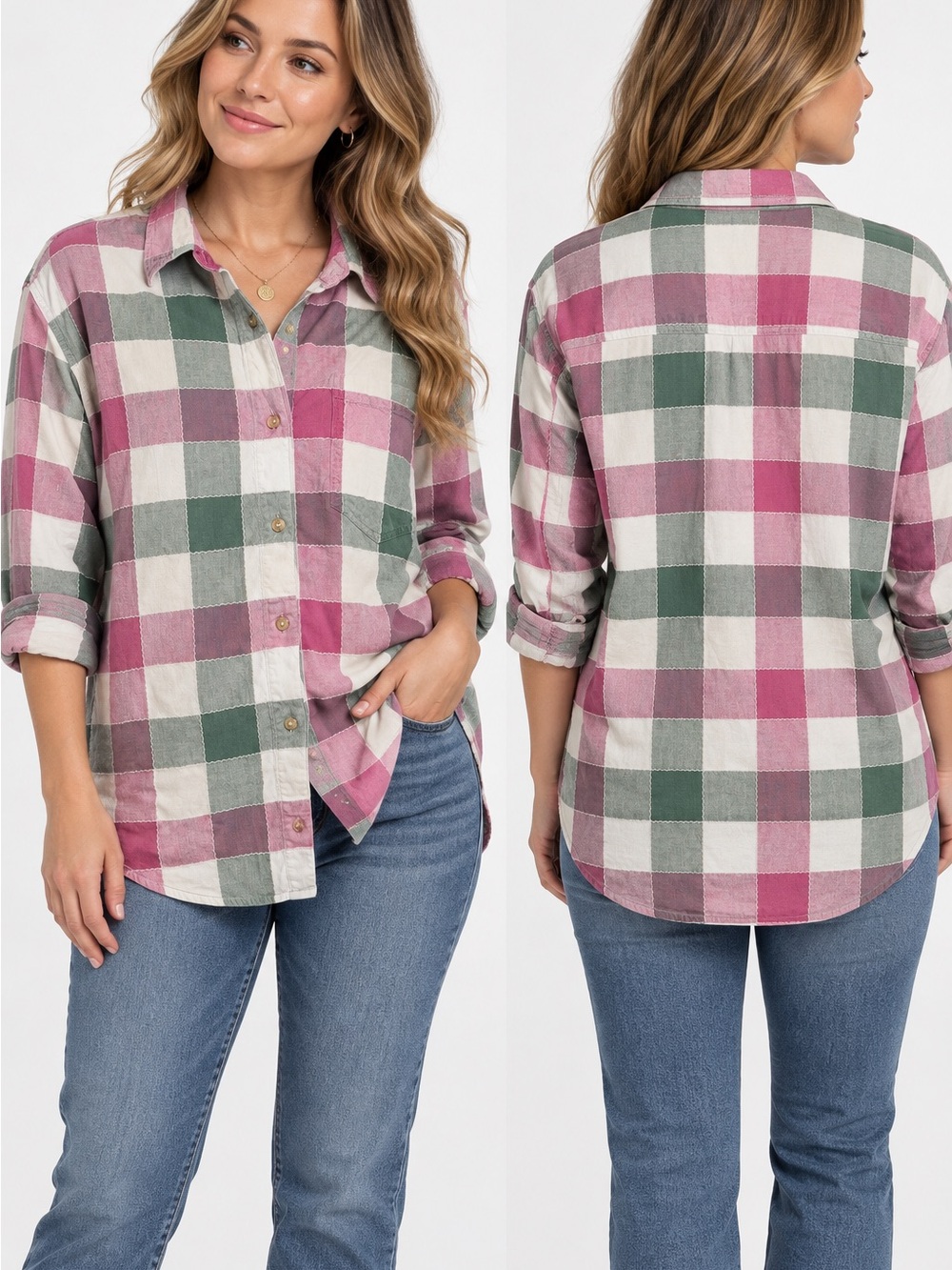Fashion Bug 100% cotton Pink & Green Plaid Button-Down Shirt L